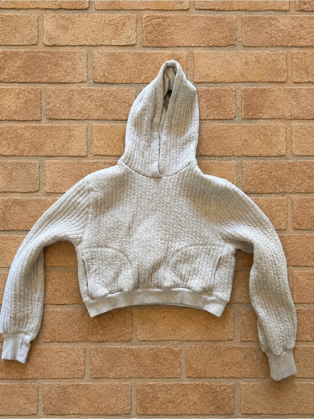 Aerie Cropped Quilted Hooded Sweatshirt in Light Gray